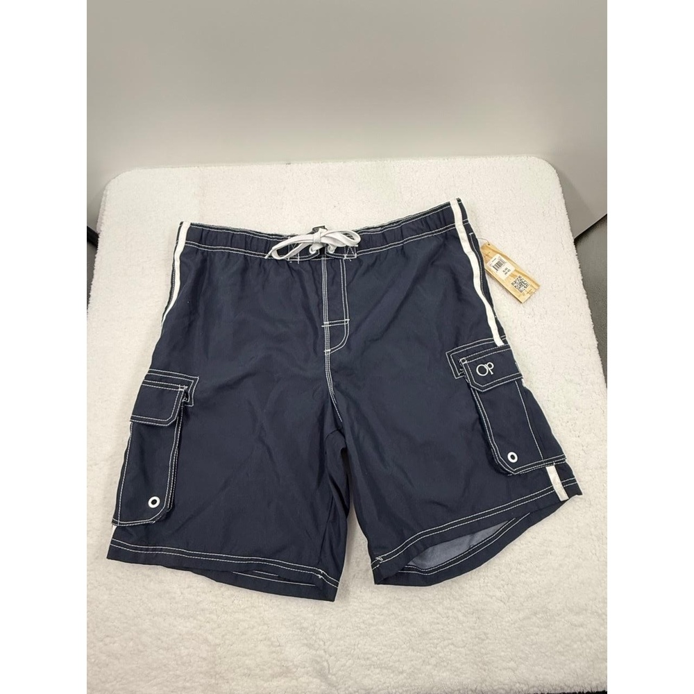 Op Navy White Stitching Cargo Pockets Drawstring Relaxed Swim Shorts Mens‎ XL42